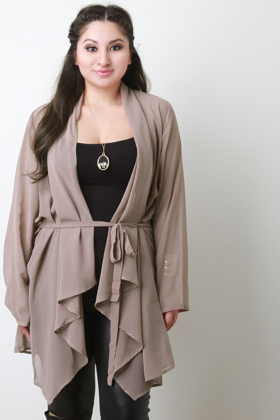 Waist-Tie Chiffon Open Front Long Sleeves Cardigan