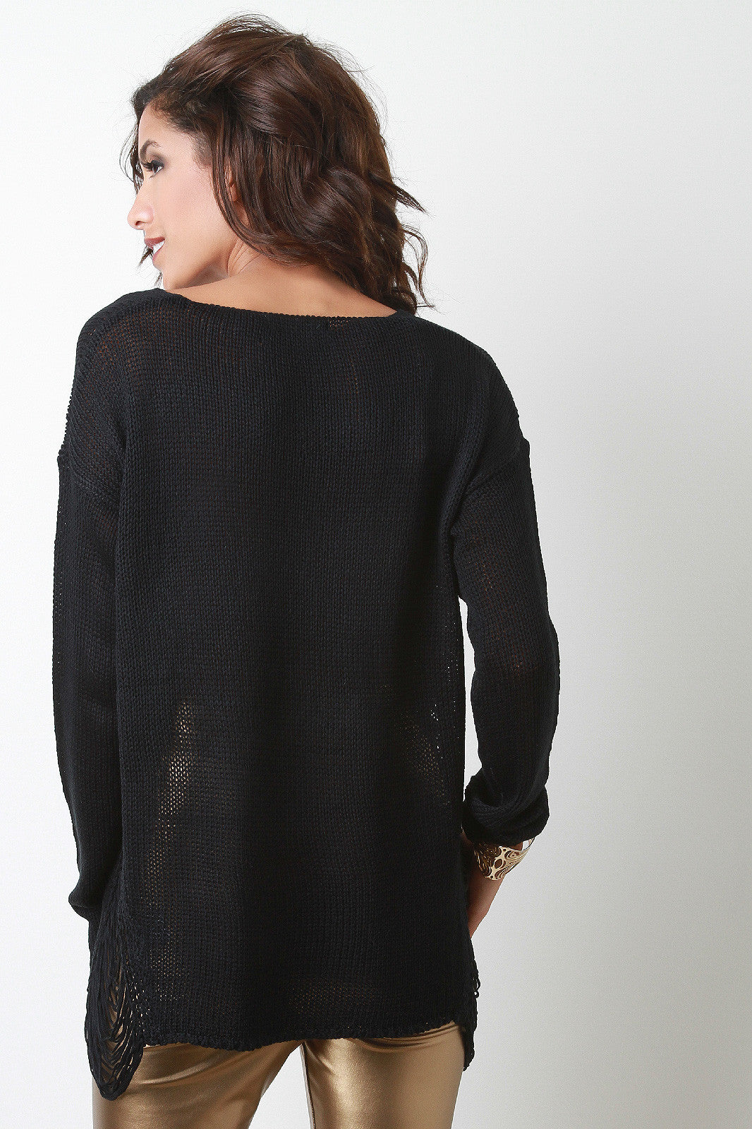 Side Frayed Knitted Sweater Top