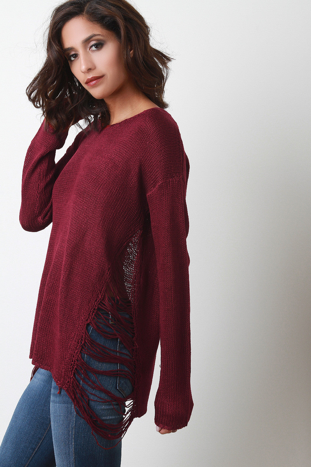 Side Frayed Knitted Sweater Top