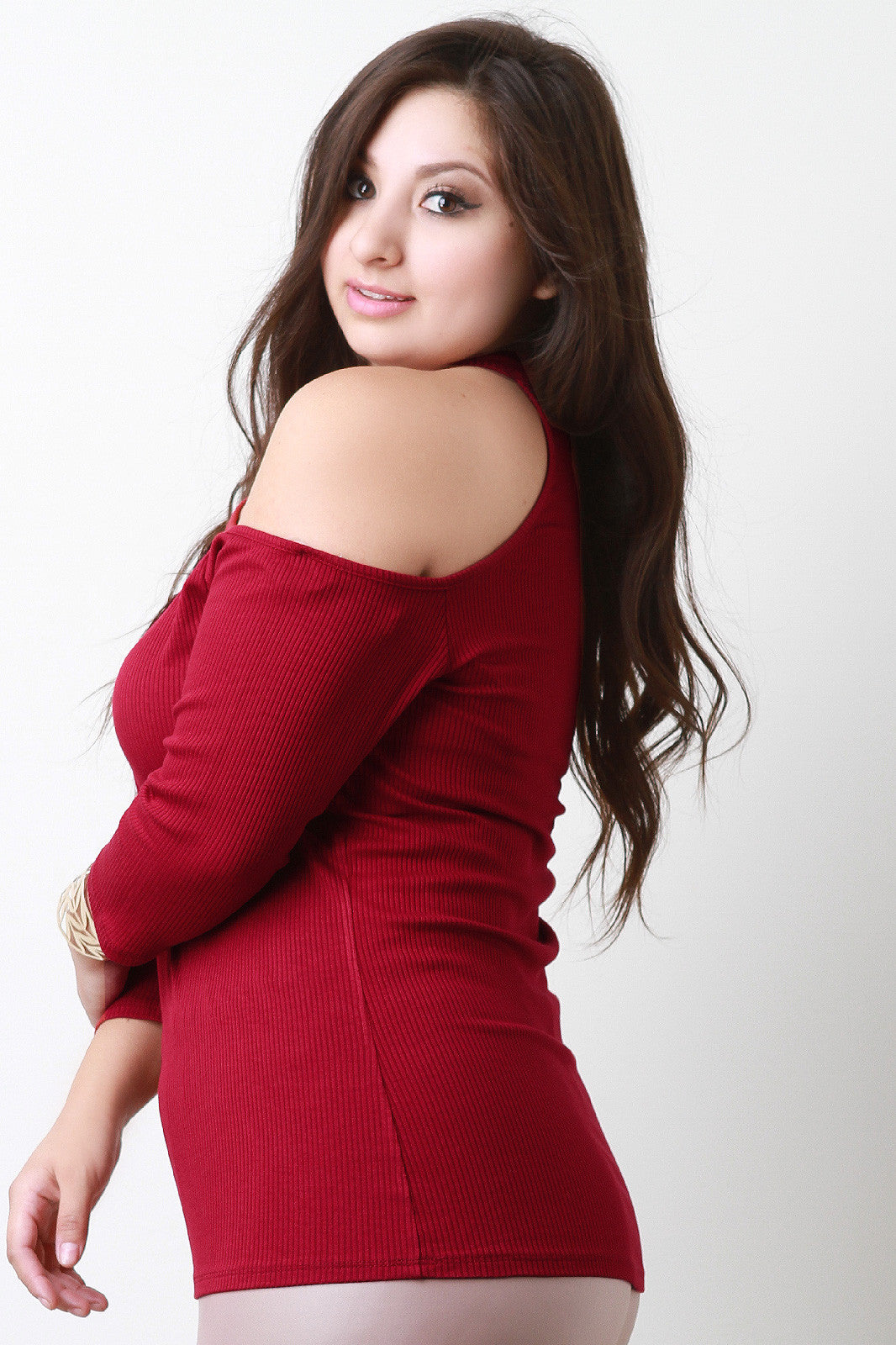 Ribbed Cold Shoulder Keyhole Top