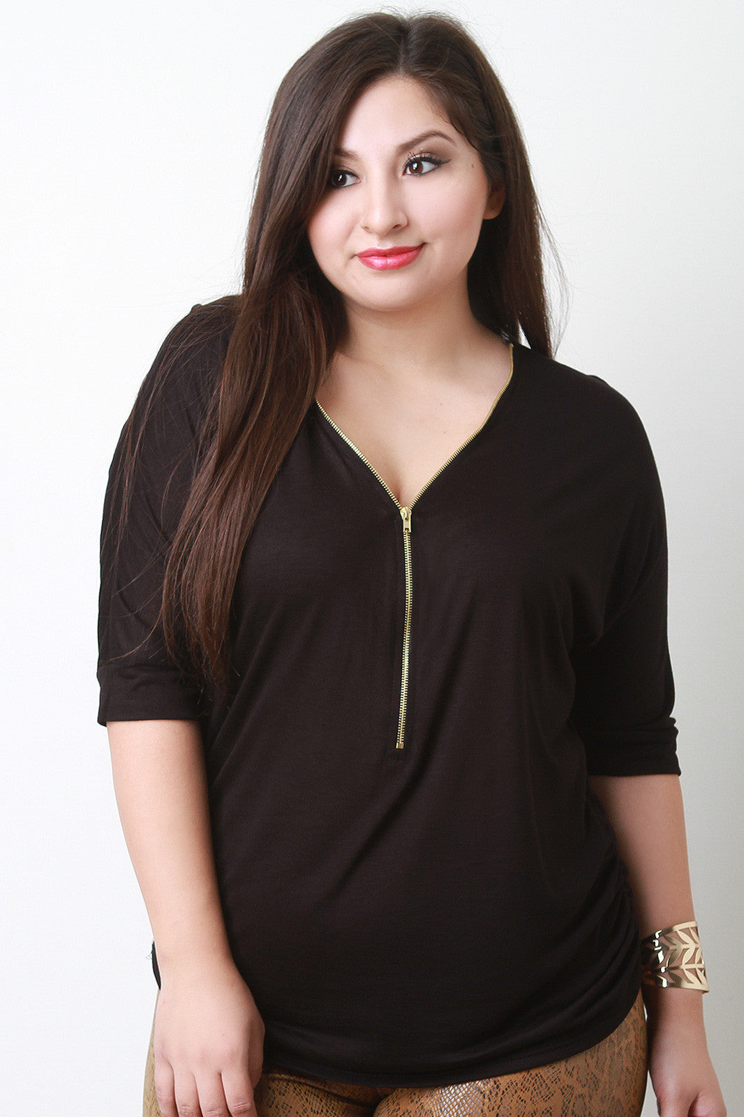 Zipper Quarter Sleeves Ruched Top