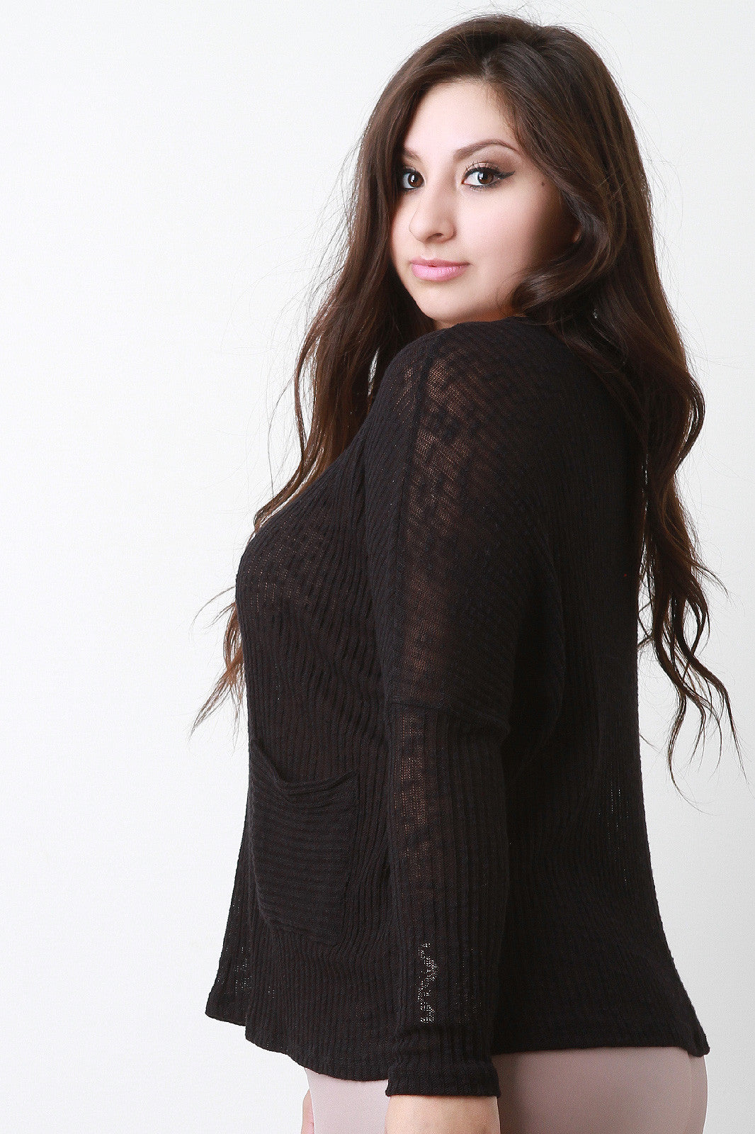 Loose Knit Pocket Long Dolman Sleeves Sweater Top