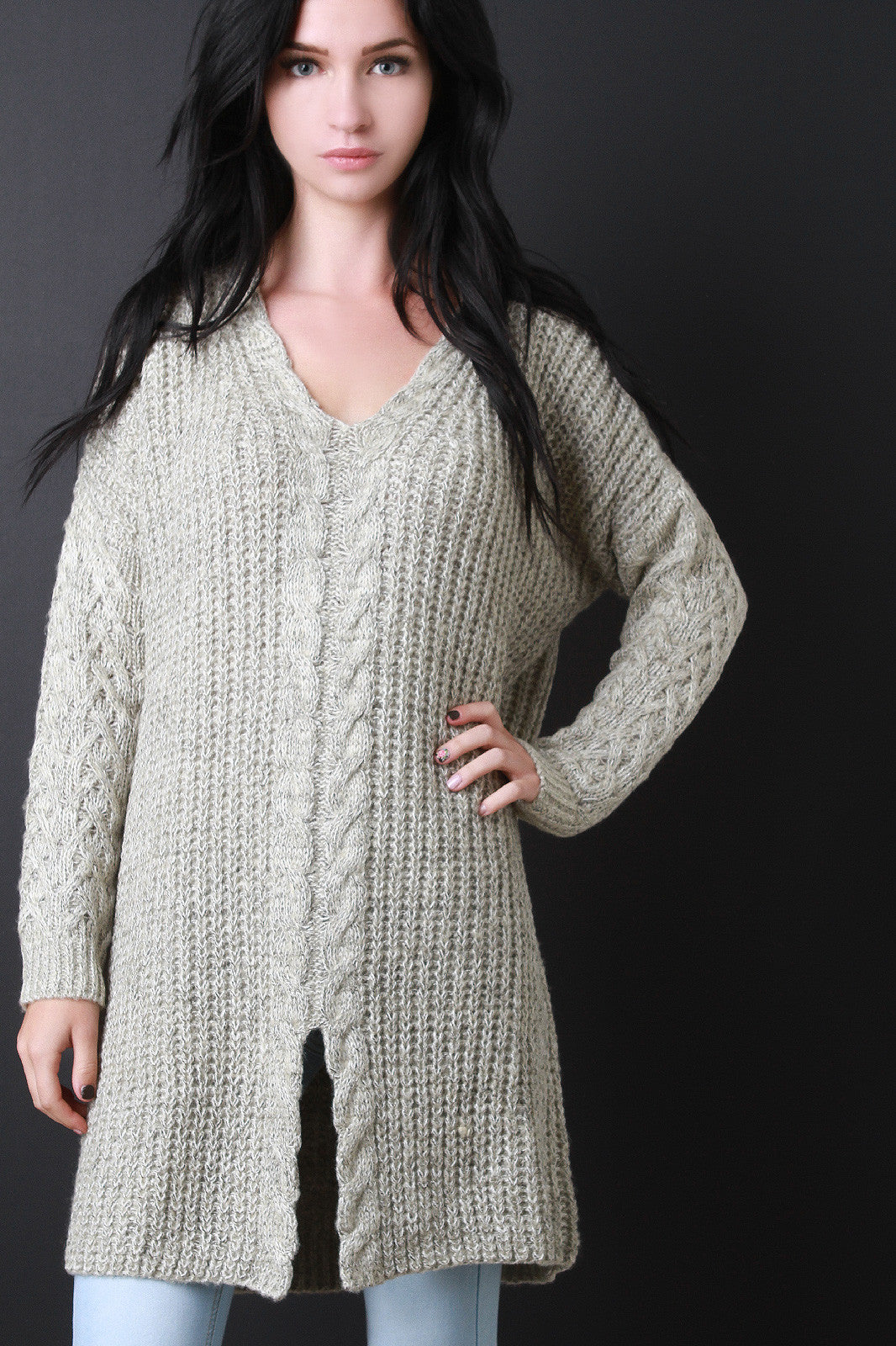 V-Neck Cable Knit Sleeves Long Sweater