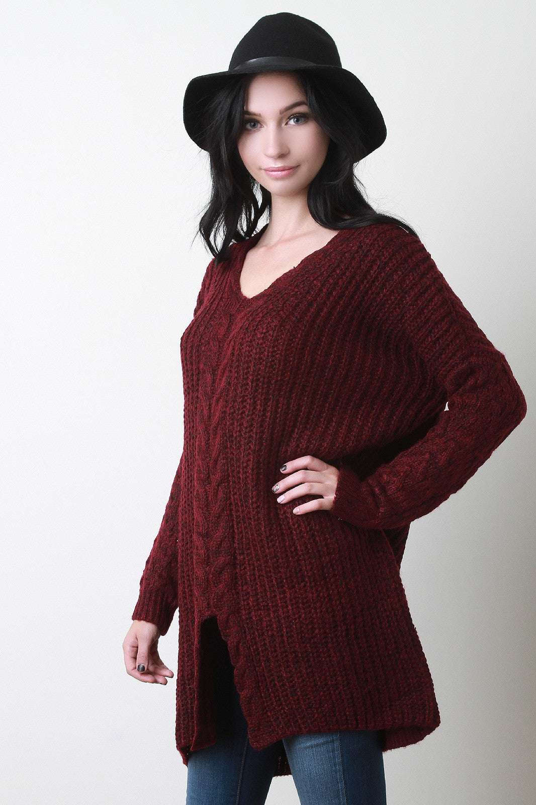 V-Neck Cable Knit Sleeves Long Sweater